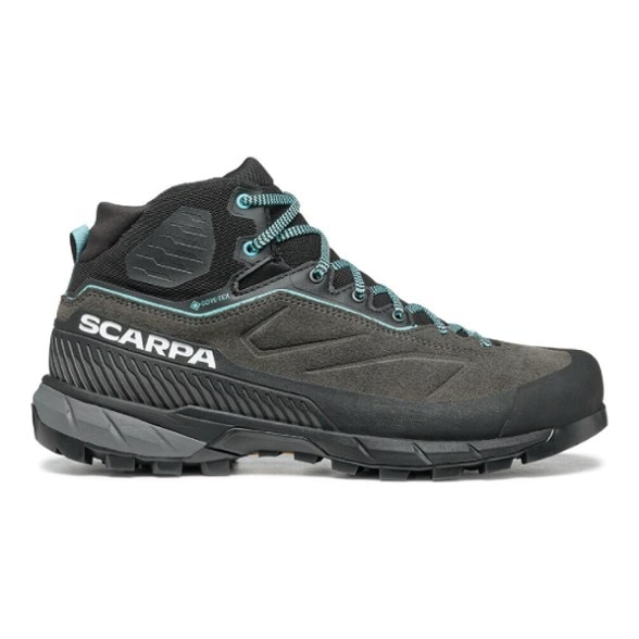 Side view of Scarpa Rapid XT Mid GTX women's hiking shoes showing durable suede upper and Vibram sole
