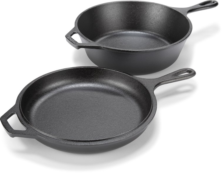 Lodge Combo Cooker with lid and skillet feature, perfect for camping meals.