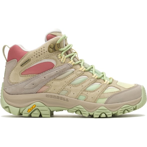Side view of Merrell Women's Moab 3 Vista Mid Waterproof Hiking Boots showcasing their stylish design and sturdy build.