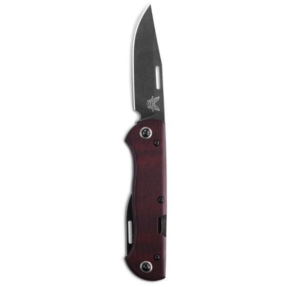 Close-up of the burgundy handle showing the slip-joint knife mechanism, ideal for campers.