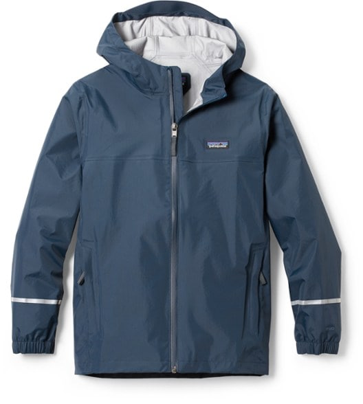 Patagonia kids' jacket shown in action during a rainy hike with a child wearing it.