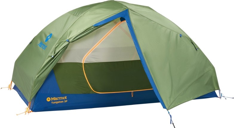 Marmot Tungsten 3P tent with open doors and gear stored in vestibules.