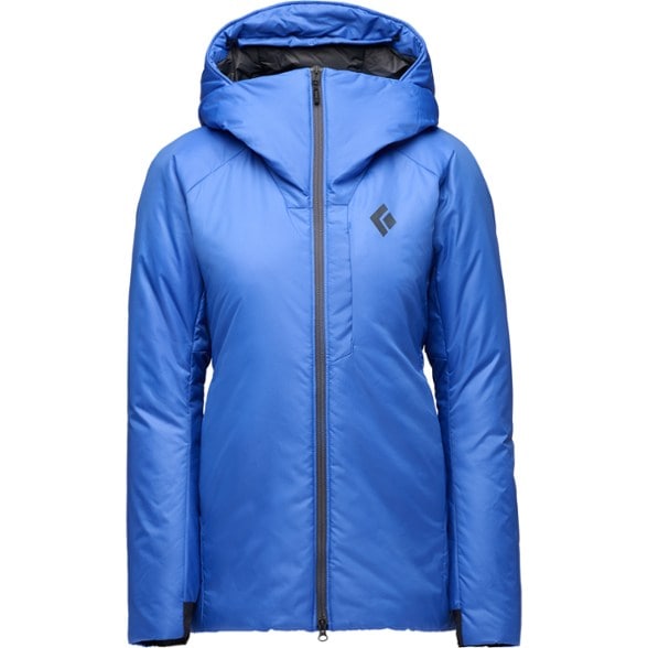Women's belay jacket with adjustable hood, shown in outdoor climbing setting.