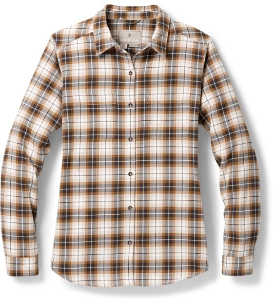 Front view of women's organic cotton flannel shirt, showcasing its softness and classic design.