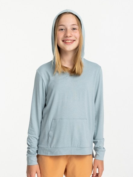 Front view of the Explorer's Sun Shield Hoodie for Girls in action outdoors
