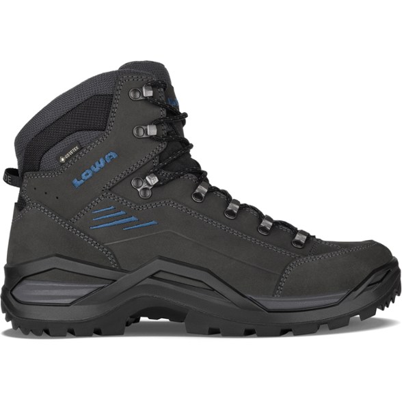 Lowa Renegade Evo GTX Mid Men's Hiking Boots in action on a rocky trail, demonstrating their grip and waterproof capabilities.