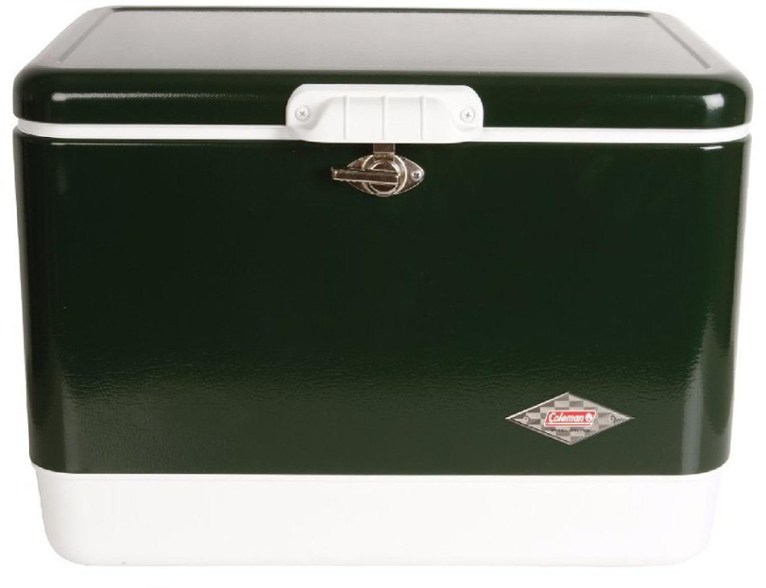 Coleman Steel Belted 54 qt cooler with cans inside, viewed from the top.