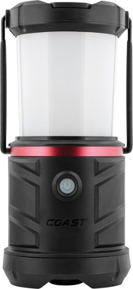 Top angle of stormproof lantern hung by carabiner in a tent setup