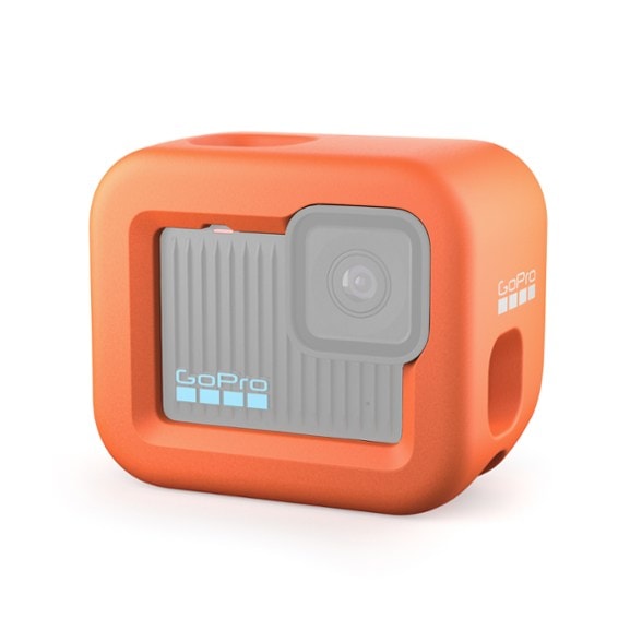High-visibility orange GoPro Floaty from side angle showing wraparound buoyant protection for water sports