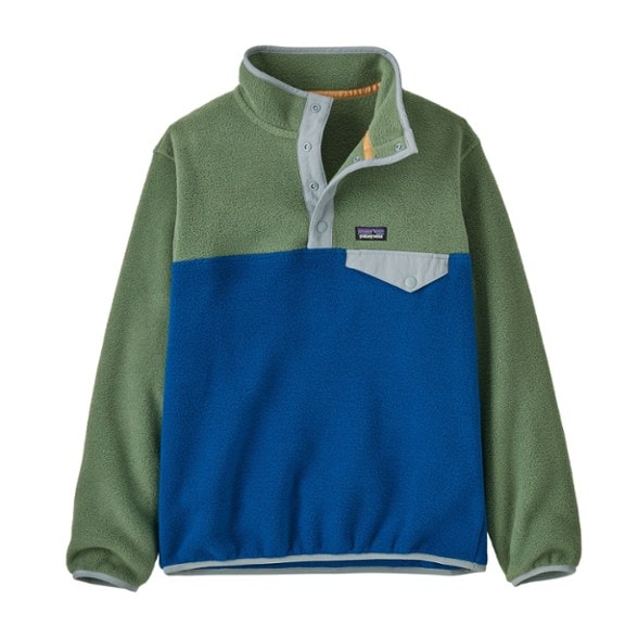 Patagonia Kids' Lightweight Snap-T Fleece Pullover in blue, featuring a chest pocket and snap placket.
