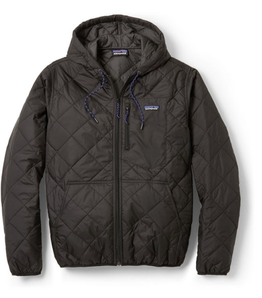 Front view of men's insulated hoodie in obsidian black color, featuring diamond quilt stitching