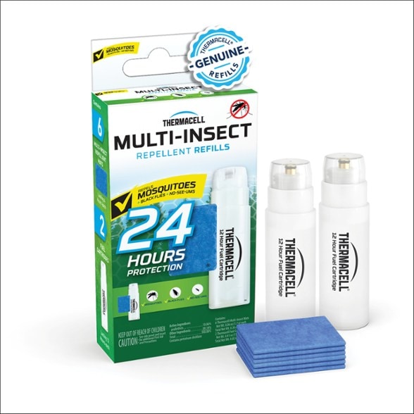 Thermacell repellent refills displayed with outdoor scenery for effective bug protection.