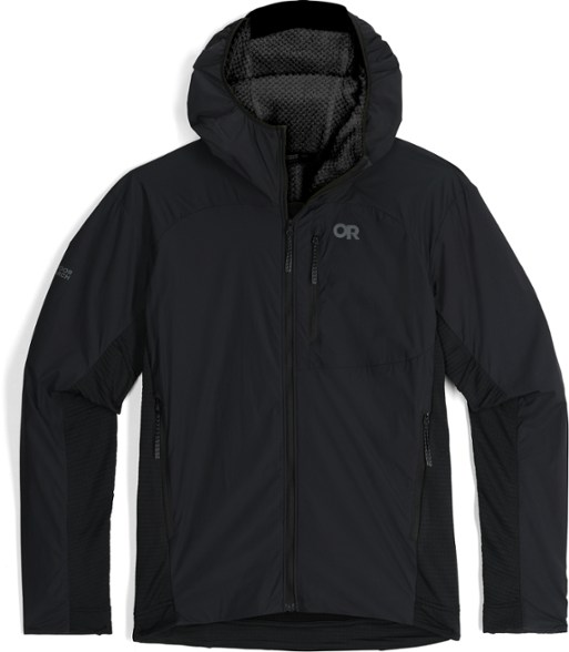 Front view of men's insulated hoodie showing breathable outdoor jacket features and weather-resistant fabric