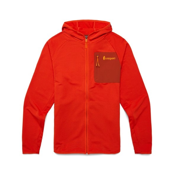 Front view of men's fleece jacket with scuba hood and zip chest pocket