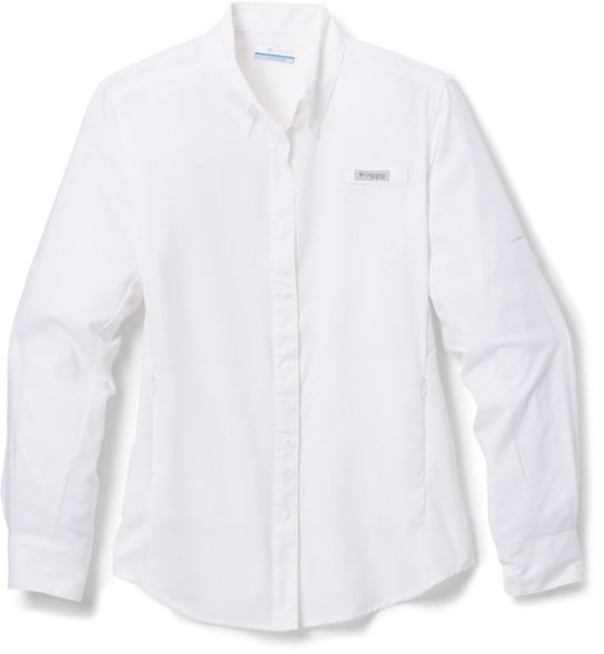 Front view of Columbia Tamiami Breeze women's fishing shirt showing roll-up sleeves and snap-front design