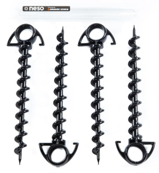 Close-up of Neso ground screw stakes showing the patented Orange Screw technology.