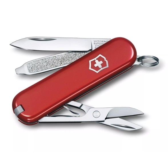 Close-up of swiss army knife blade and scissors extended for camping use