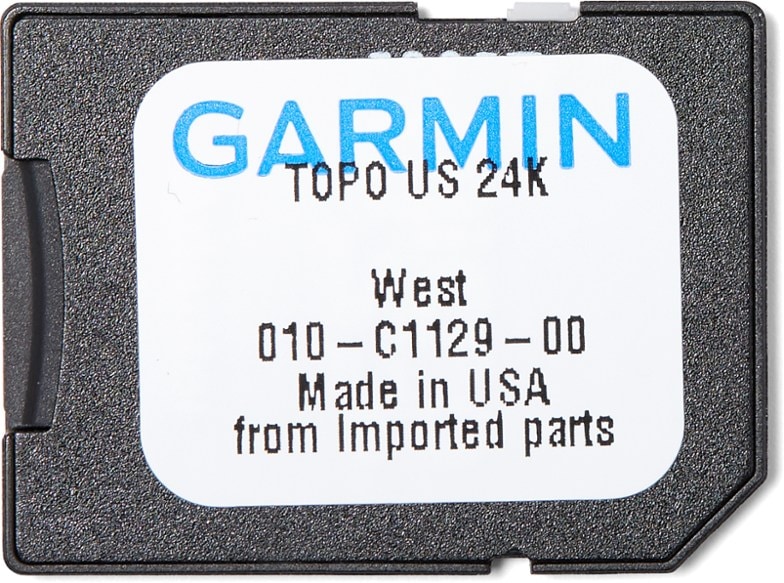 Garmin Topo U.S. 24K West microSD card with detailed map display for outdoor navigation.