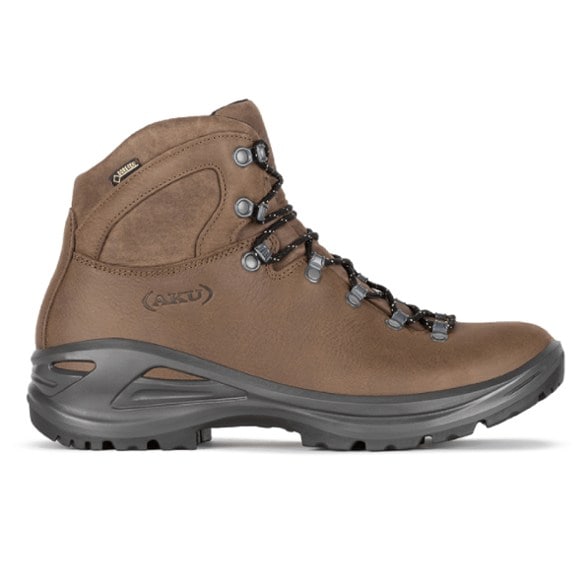 Side profile of AKU Tribute II GTX men's hiking boots showcasing full-grain leather and lace-up design for hiking boots