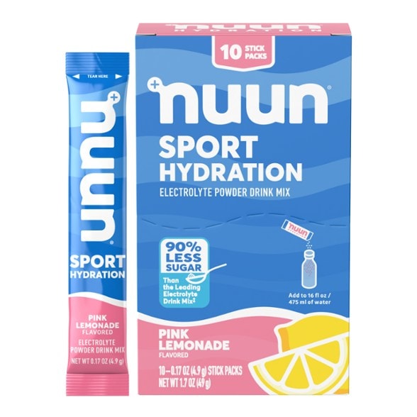 Nuun Sport Electrolyte Powder Packets displayed with a water bottle, emphasizing hydration.