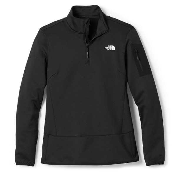 Women's fleece jacket front view showing quarter zip and double-layer collar