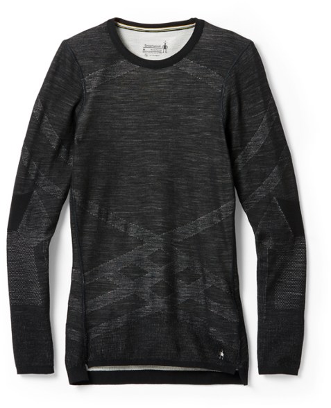 Front view of women's merino wool base layer showing slim fit and ribbed elbows
