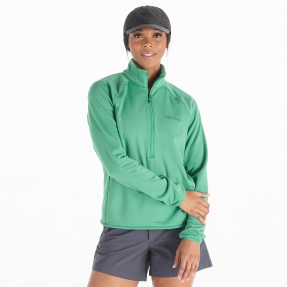 Front view of the Marmot Women's Technical Fleece Half-Zip Jacket showing fabric and fit.