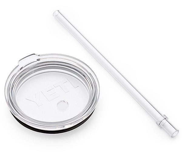 Top-down view of straw lid on a Rambler tumbler, showing the molded stopper and wide straw opening.