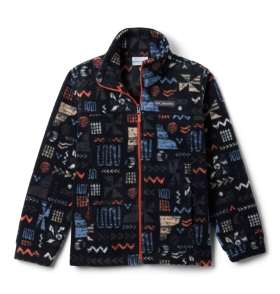Front view of the Columbia Kids' Zing III Fleece Jacket, showcasing its vibrant design and zippered pockets.