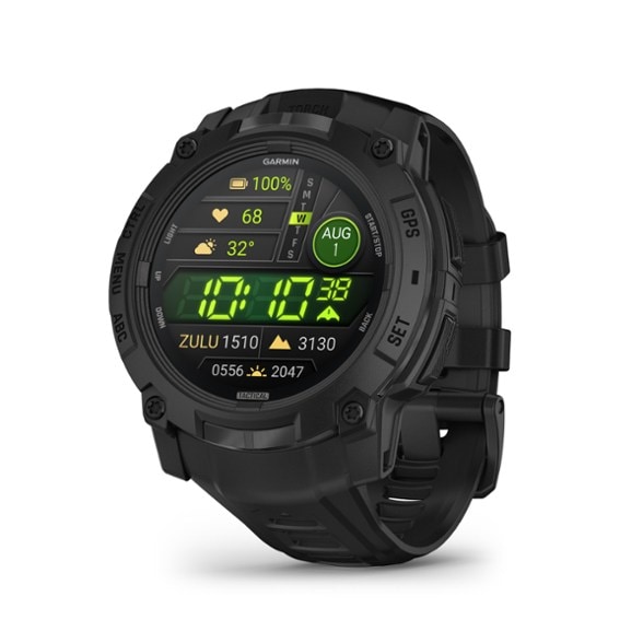 Garmin Instinct 3 Tactical AMOLED smartwatch displaying GPS tracking features in the mountains.