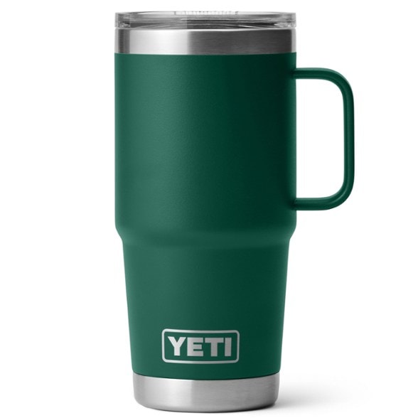 Side view of Yeti insulated travel mug with a grippy exterior, ideal for outdoor use.