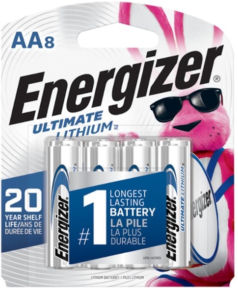 Close-up of PowerMax ultimate lithium AA batteries showing pack of 8 and lithium battery markings