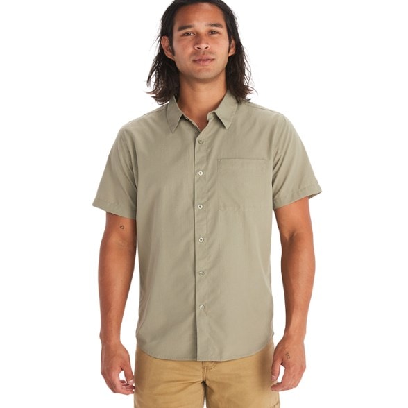 Front view of the AeroVent Quick-Dry Hiking Shirt for men on a hiking trail.