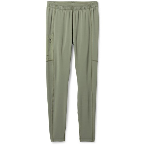 Rho LT thermal base layer bottoms for men shown in a hiking scenario, showcasing moisture-wicking fabric.