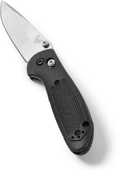 Close-up of the Benchmark Mini Griptilian showing the fine-edge blade and handle.