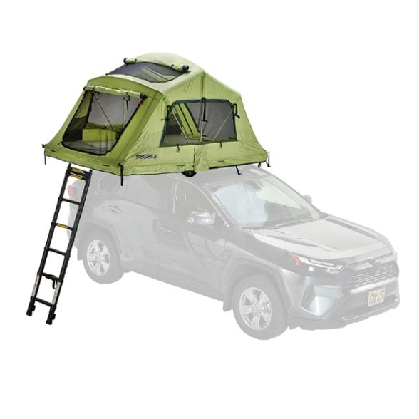Yakima SkyRise tent set up on a vehicle rooftop during sunset, showcasing its spacious interior and mesh panels.
