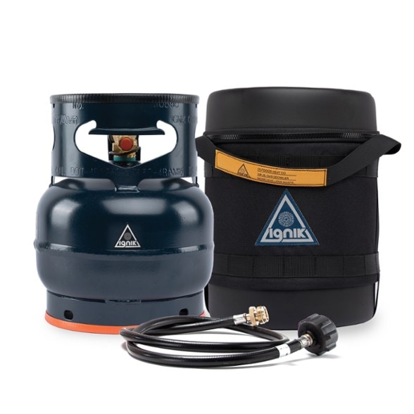 Ignik TrailChef propane tank setup connected to a portable stove for outdoor cooking