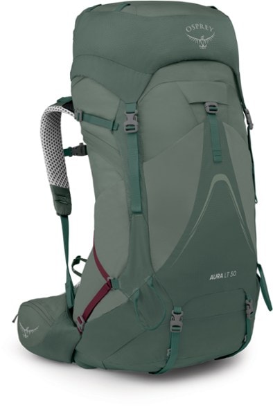Osprey Aura AG LT 50 pack with Anti-Gravity suspension system showcased in a hiking environment.