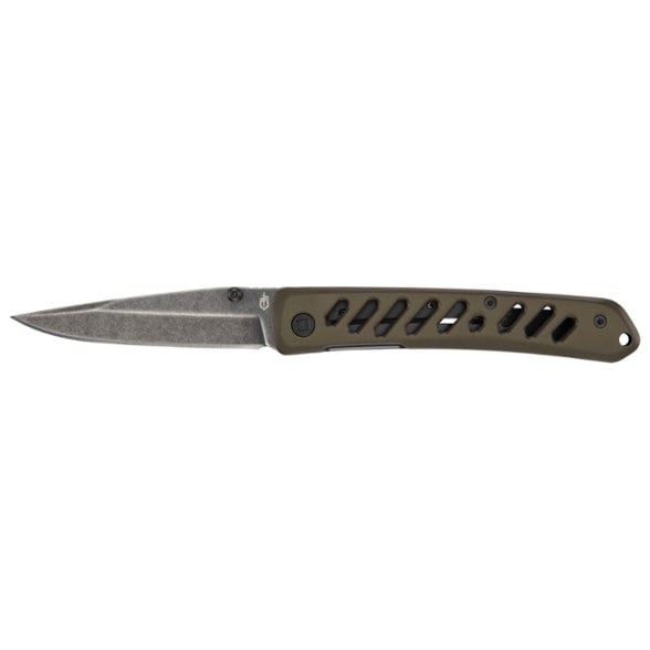 Gerber Affirm folding knife with clip-point blade, showing the aluminum handle and pocket clip.