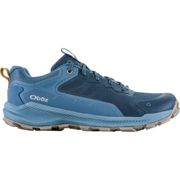 Side view of the Oboz Katabatic Low Men's Hiking Shoes on a rocky trail.