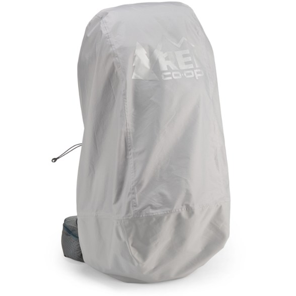 WeatherGuard large backpack rain cover displayed on a hiking backpack in the rain.