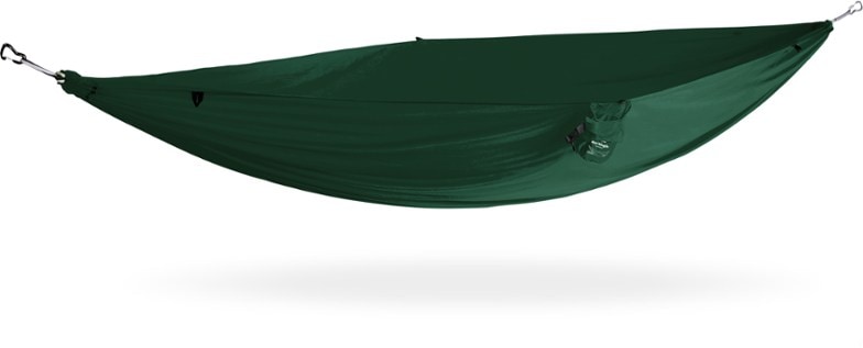 Eco-Friendly Roo Single Hammock set up between two trees during a camping trip