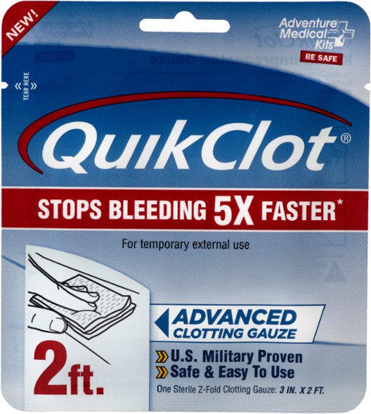 QuikClot Advanced Clotting Gauze package, showing size and absorbency