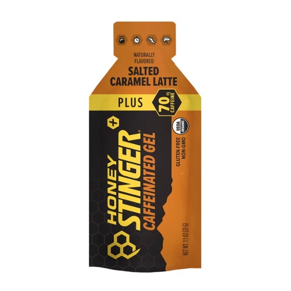 Salted Caramel Latte energy gel in a sports setting, highlighting its on-the-go convenience.