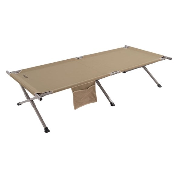 Side angle of the TrekRest Pro camping cot fully set up beside a tent, showing aluminum frame and fabric surface