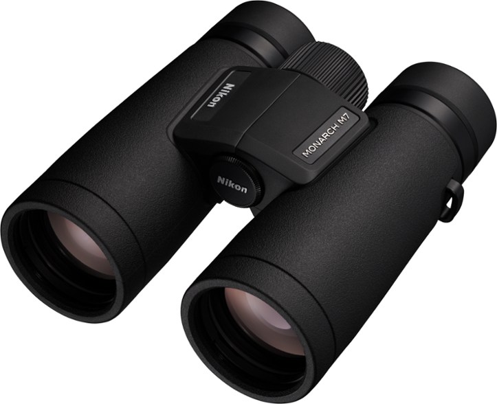 Close-up of Nikon Monarch M7 8x42 binoculars with clear lens view.