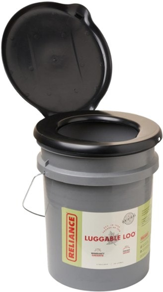 Reliance Luggable Loo portable camping toilet with a sturdy metal handle for easy use in outdoor locations.