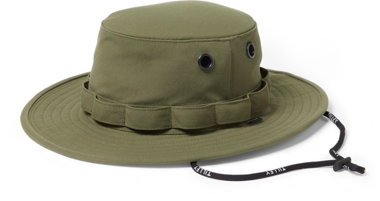 Side view of lightweight bucket hat for outdoor activities showing adjustable wind cord and ventilation grommets