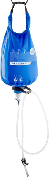 Katadyn BeFree gravity water purifier hanging from a tree during a camping trip.