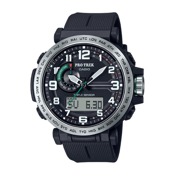 Casio ProTrek watch displaying digital compass features in an outdoor setting.